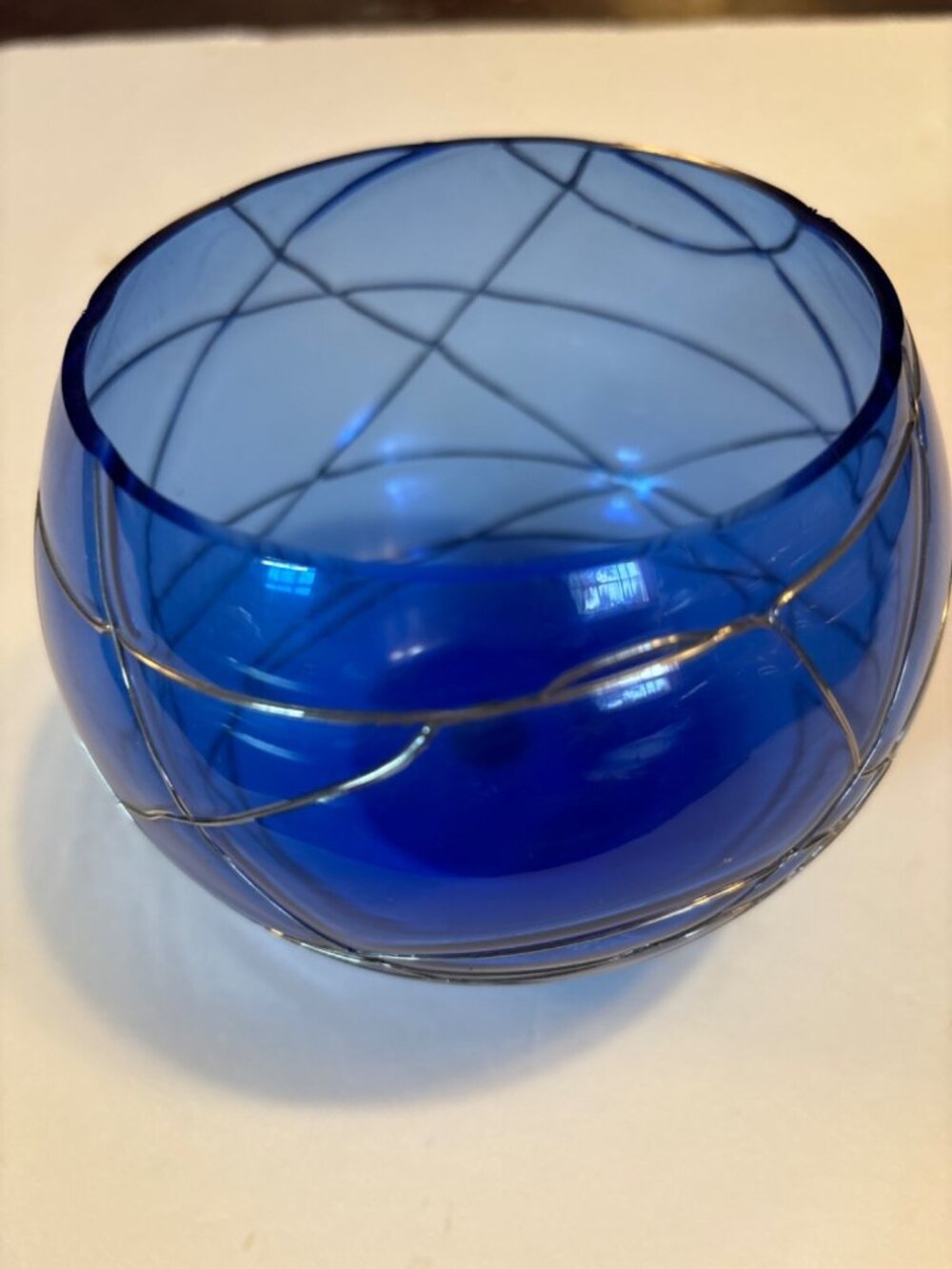 Vintage PartyLite cobalt glass candle holder with silver inlaid lines